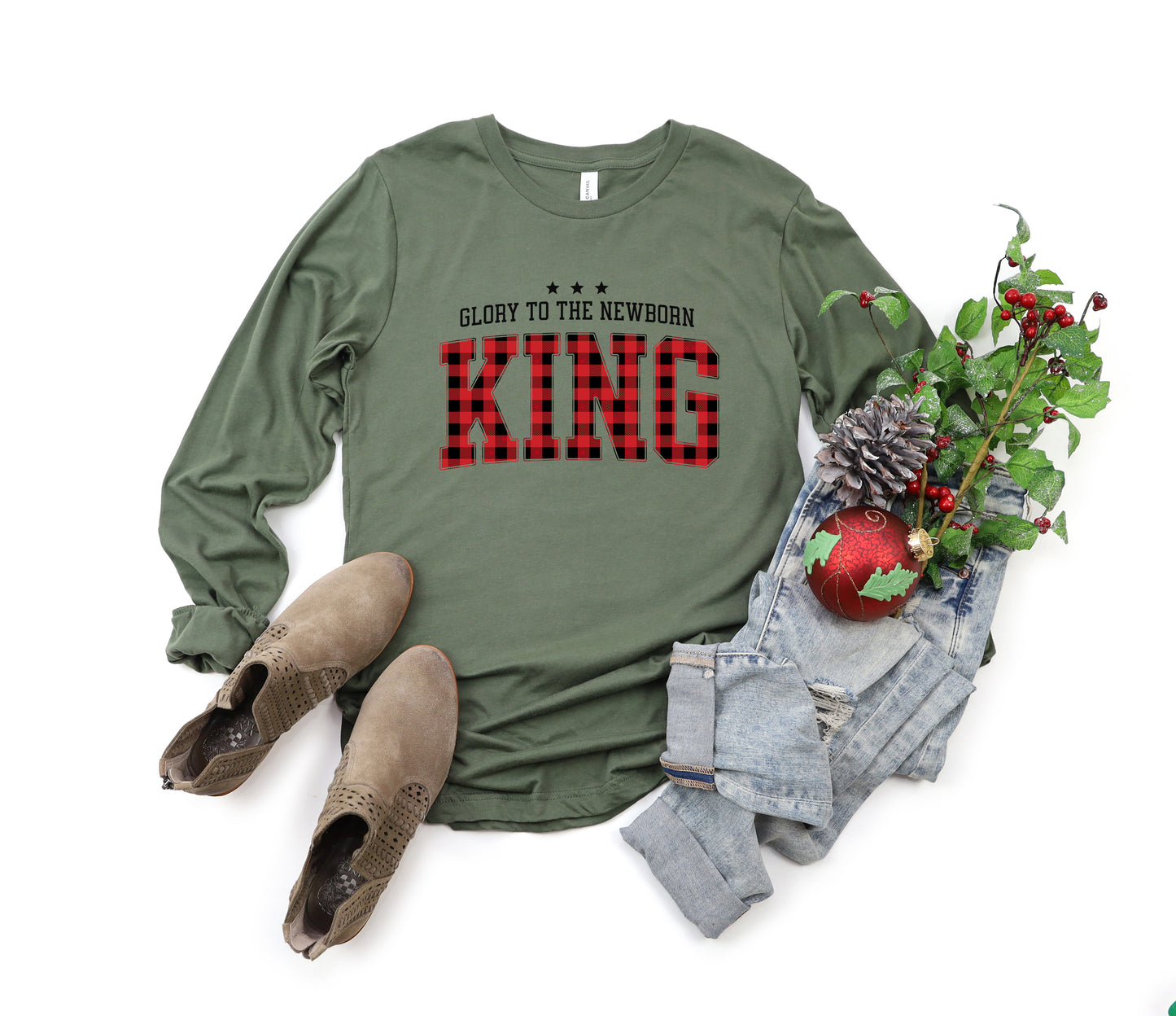 Glory To The Newborn King Plaid | Long Sleeve Crew Neck