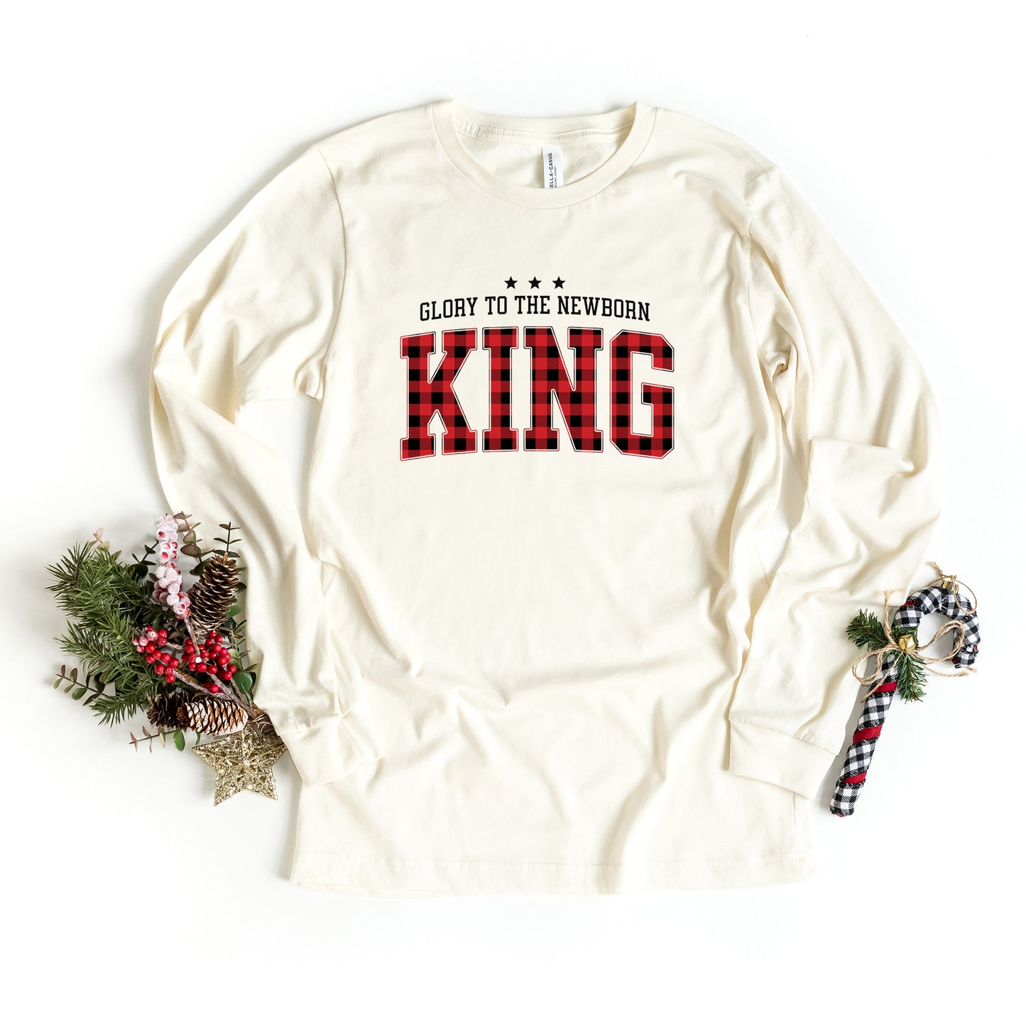 Glory To The Newborn King Plaid | Long Sleeve Crew Neck