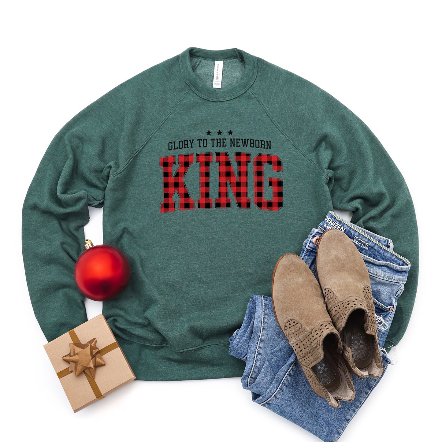 Glory To The Newborn King Plaid | Bella Canvas Sweatshirt