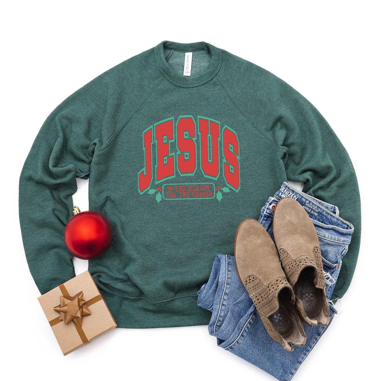 Red And Green Jesus Is The Reason | Bella Canvas Sweatshirt