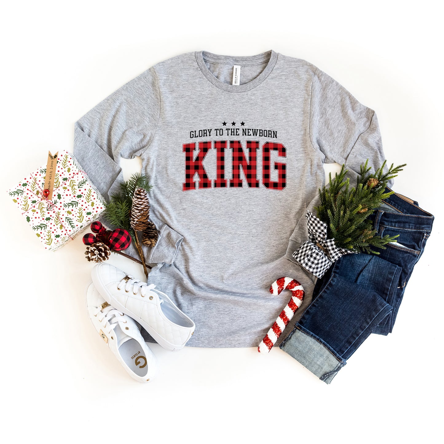 Glory To The Newborn King Plaid | Long Sleeve Crew Neck