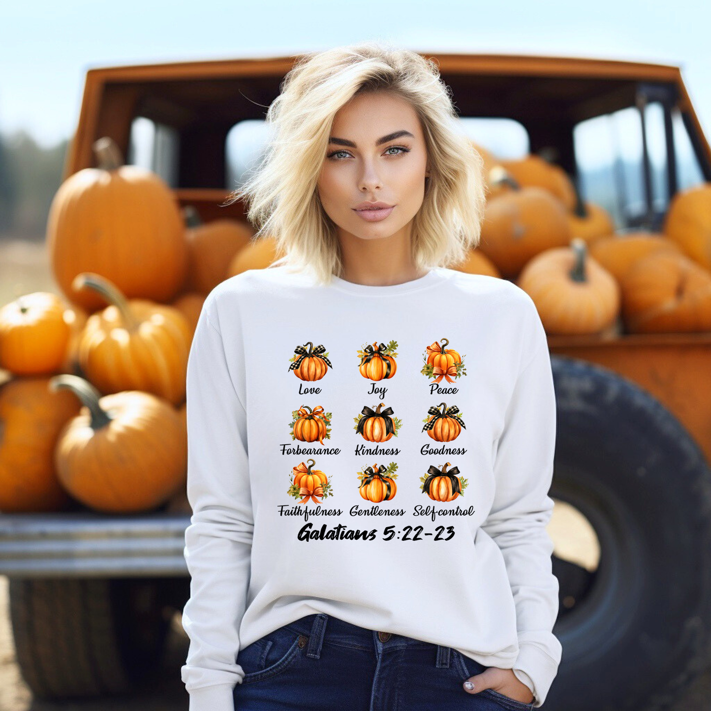 Coquette Fall Religious Pumpkin Chart | Long Sleeve Crew Neck