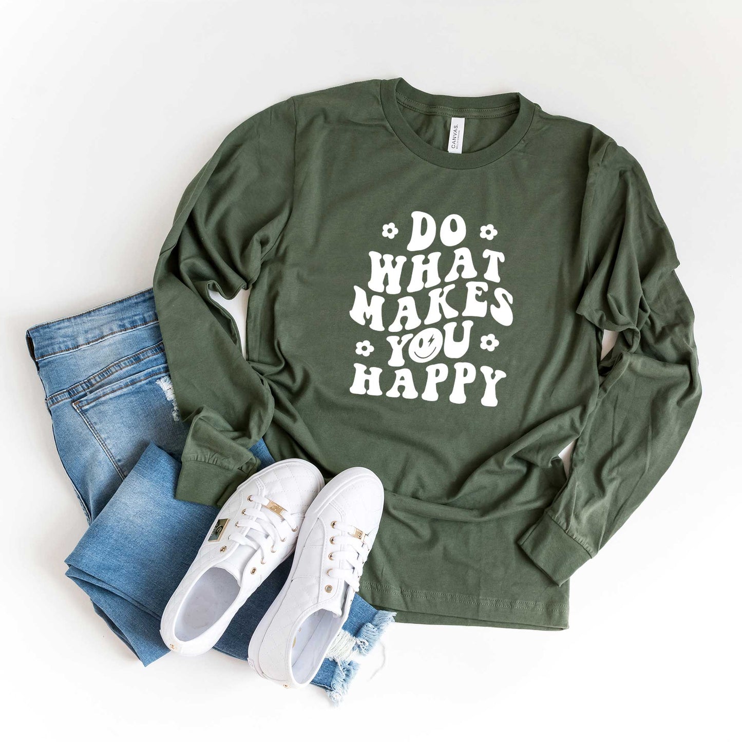 Makes You Happy Smiley Face | Long Sleeve Crew Neck