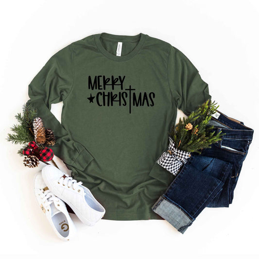 Merry Christmas Cross | Long Sleeve Crew Neck