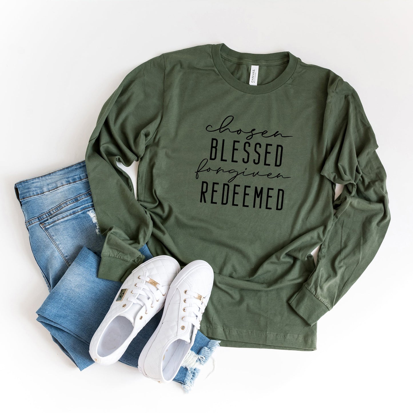 Chosen Blessed Forgiven Redeemed | Long Sleeve Crew Neck