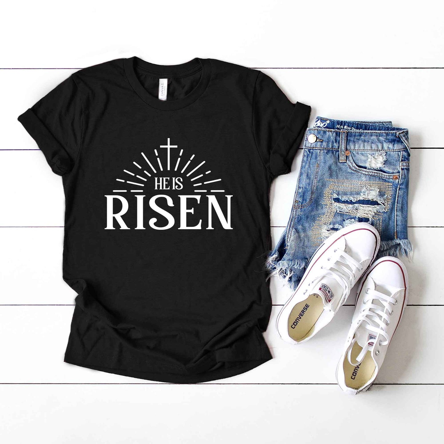 He Is Risen Cross In Sun Ray | Short Sleeve Crew Neck