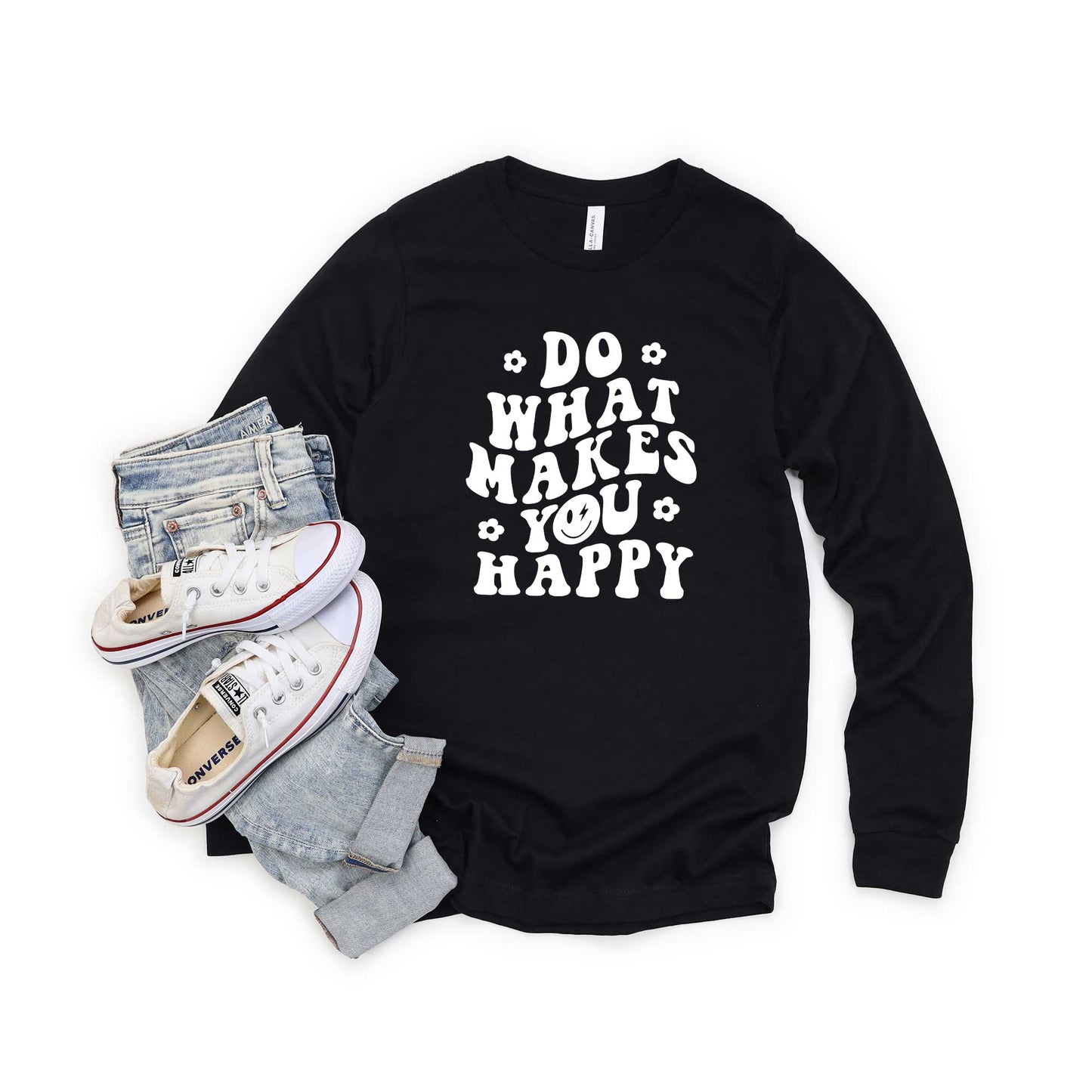 Makes You Happy Smiley Face | Long Sleeve Crew Neck