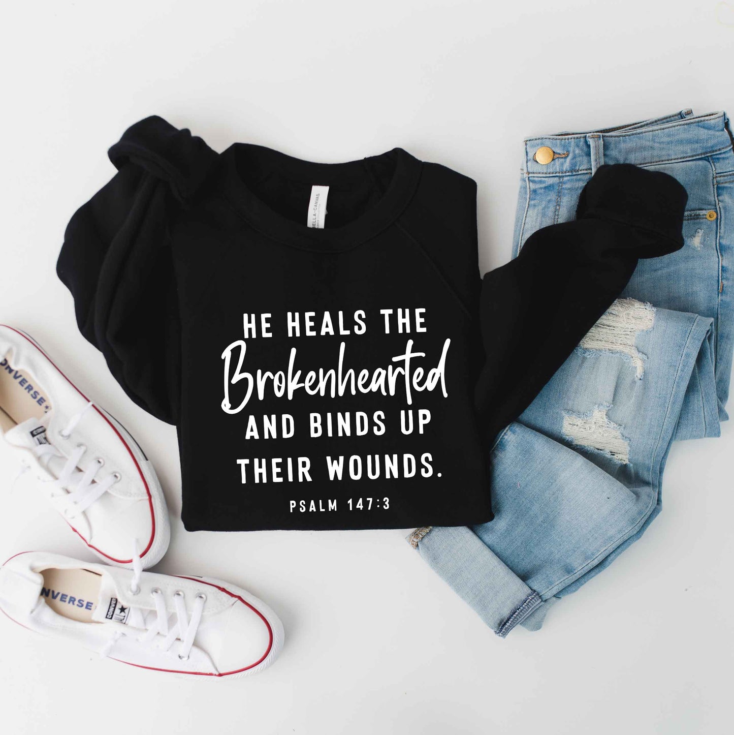 He Heals The Brokenhearted Script | Bella Canvas Premium Sweatshirt