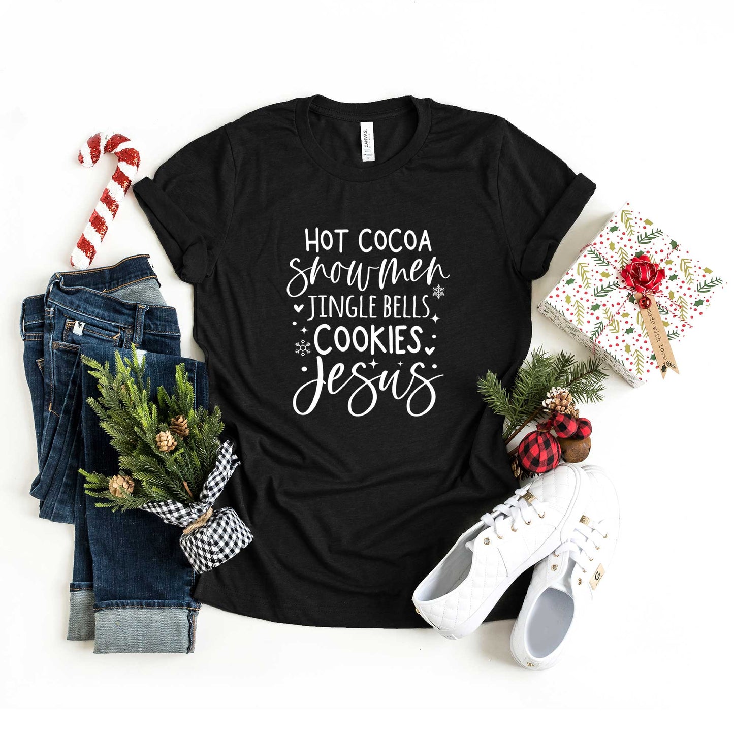 Hot Cocoa Snowmen Jesus | Short Sleeve Crew Neck