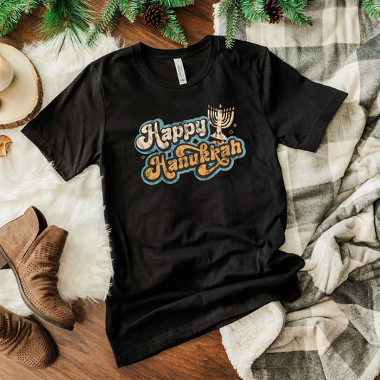 Retro Happy Hanukkah Distressed | Short Sleeve Crew Neck