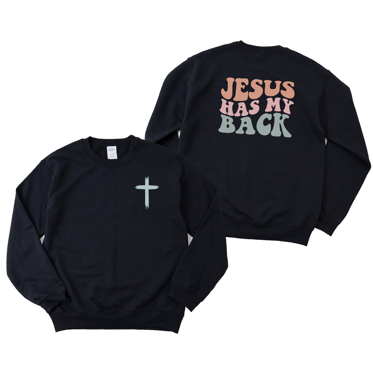 Jesus Has My Back Wavy | Sweatshirt | Front And Back Ink