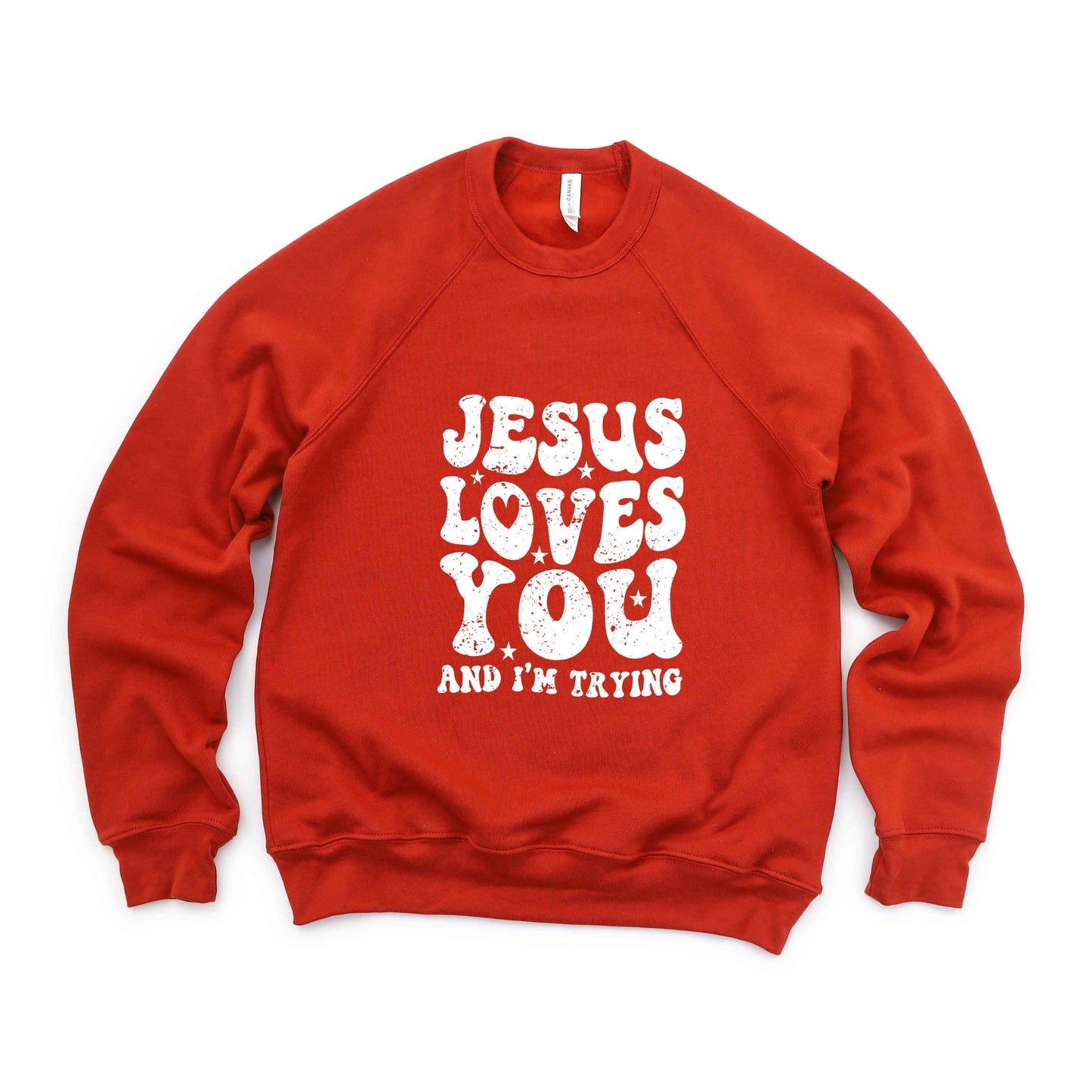 Jesus Loves I'm Trying Wavy | Bella Canvas Premium Sweatshirt