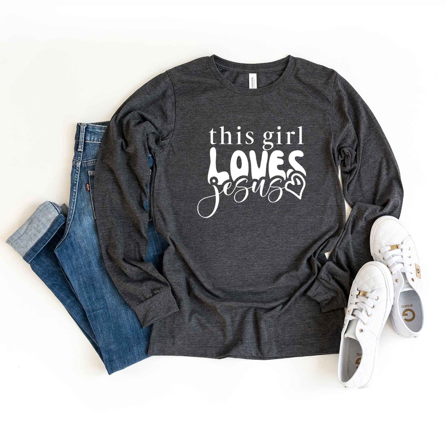 This Girl Loves Jesus Heart | Long Sleeve Crew Neck