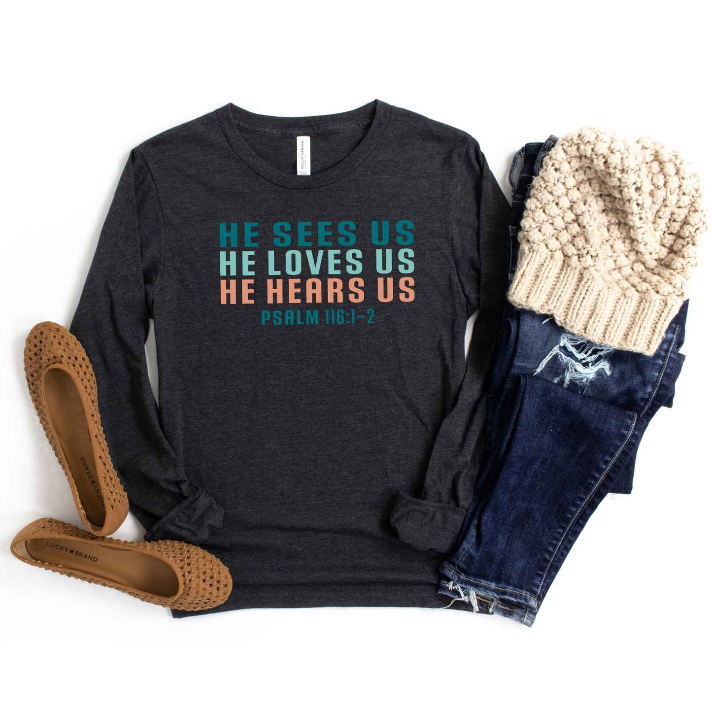 He Sees Us Colorful Words | Long Sleeve Crew Neck