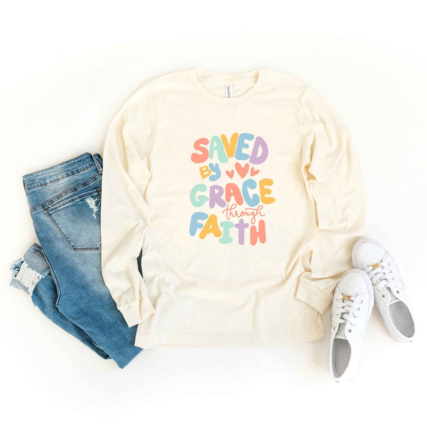 Saved By Grace Hearts | Long Sleeve Crew Neck