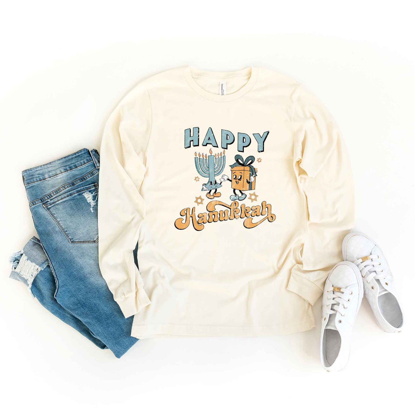 Happy Hanukkah Distressed | Long Sleeve Crew Neck