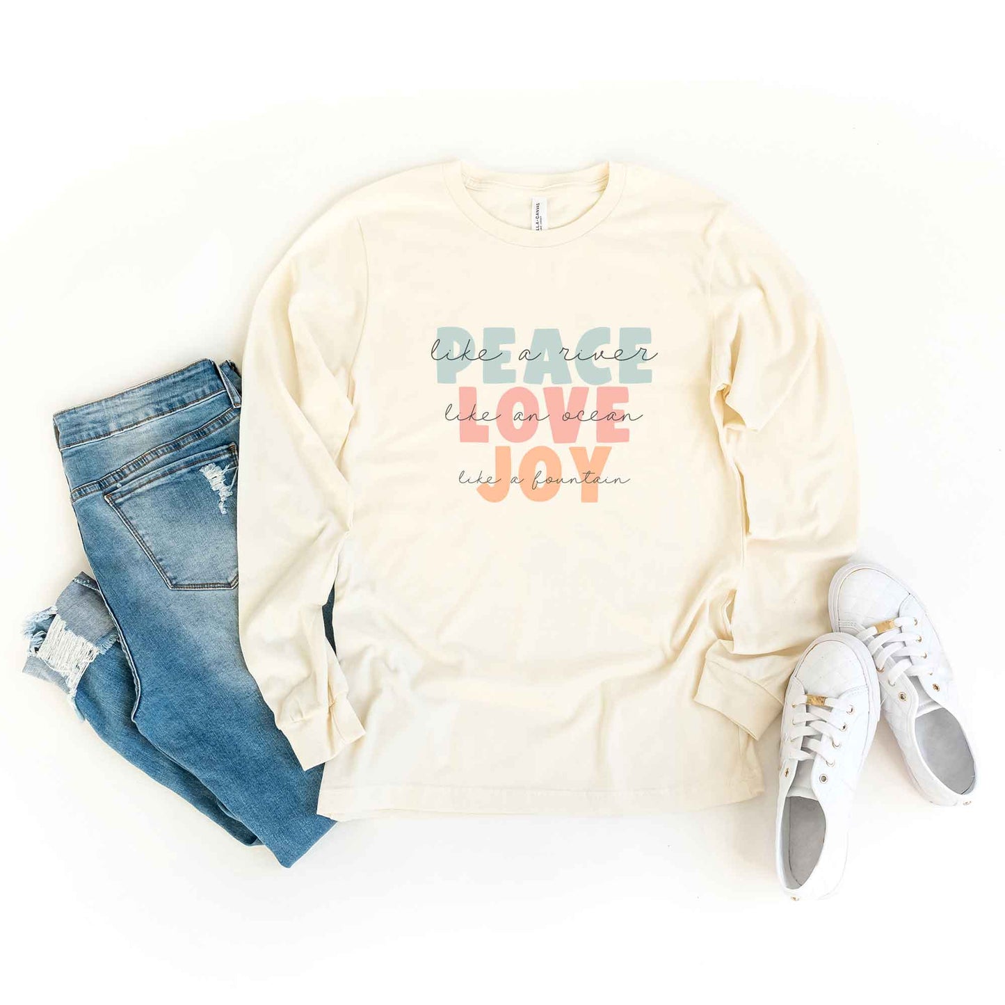 Peace Love Joy Colorful With Script | Long Sleeve Crew Neck