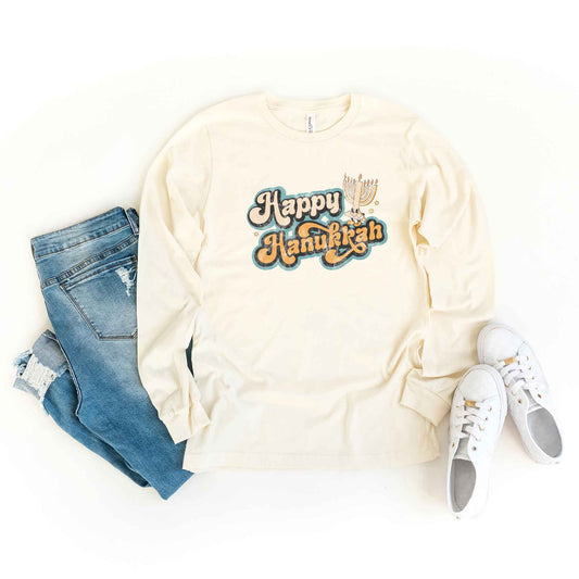 Retro Happy Hanukkah Distressed | Long Sleeve Crew Neck