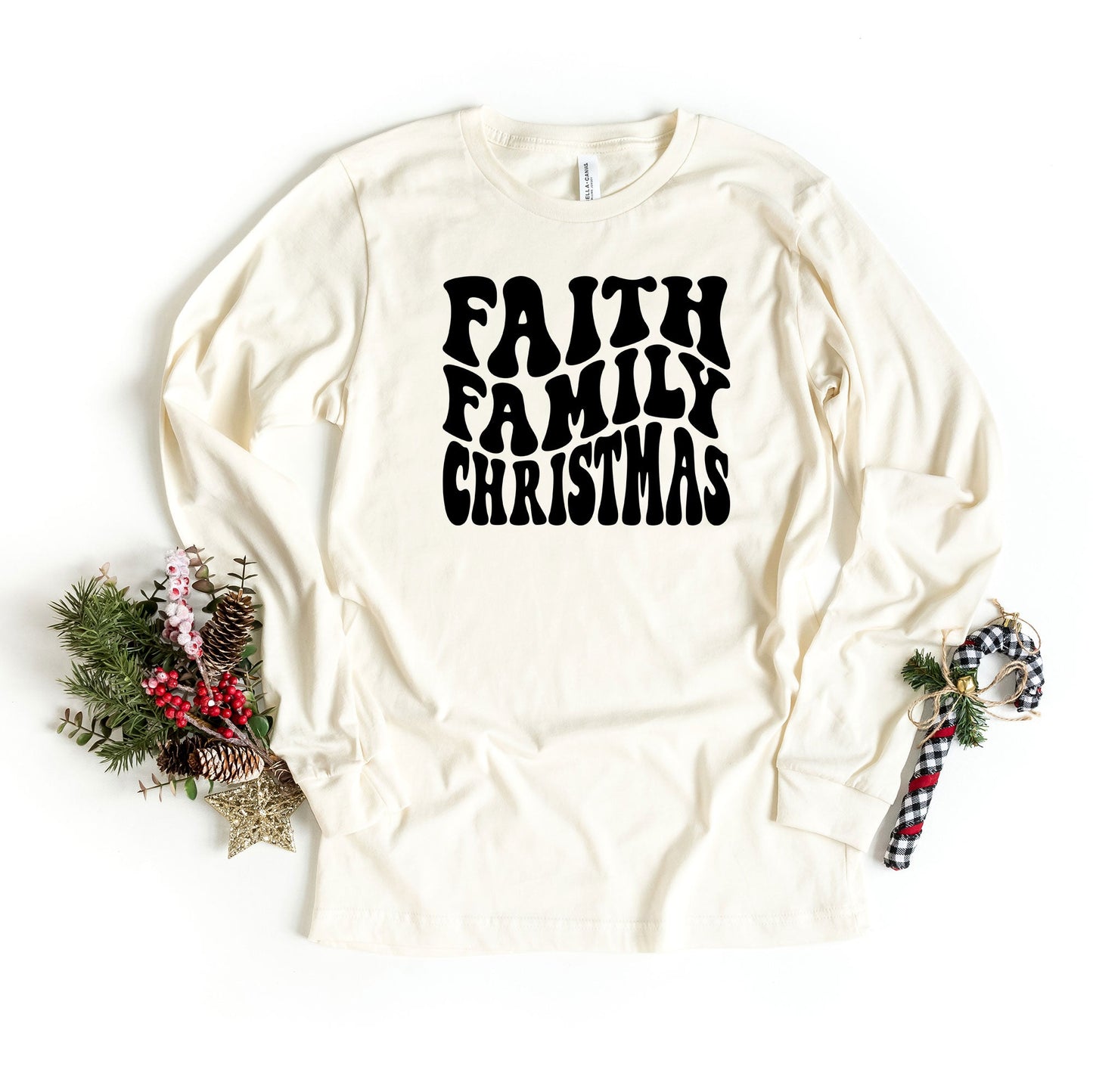 Faith Family Christmas Wavy | Long Sleeve Crew Neck