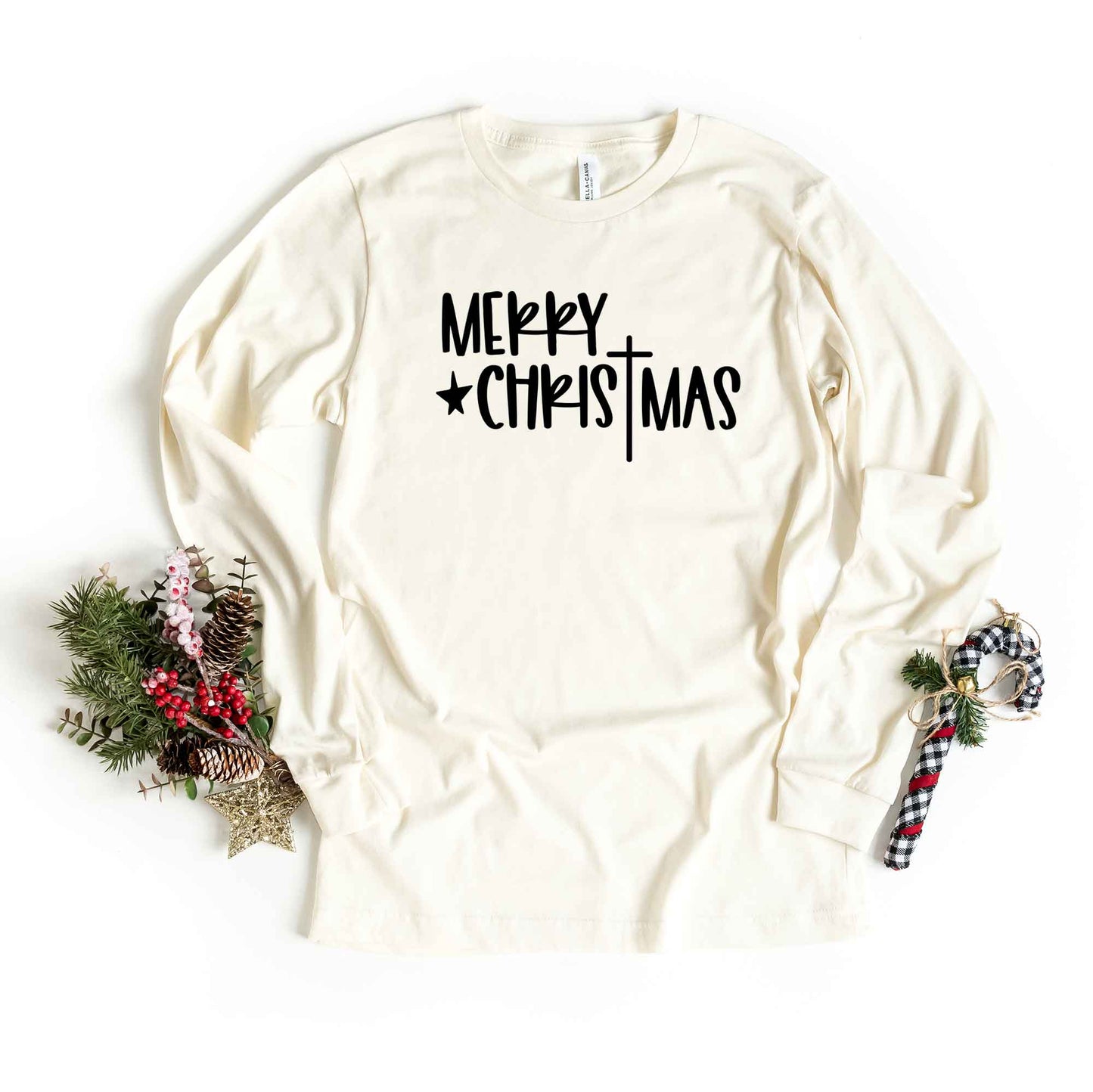 Merry Christmas Cross | Long Sleeve Crew Neck