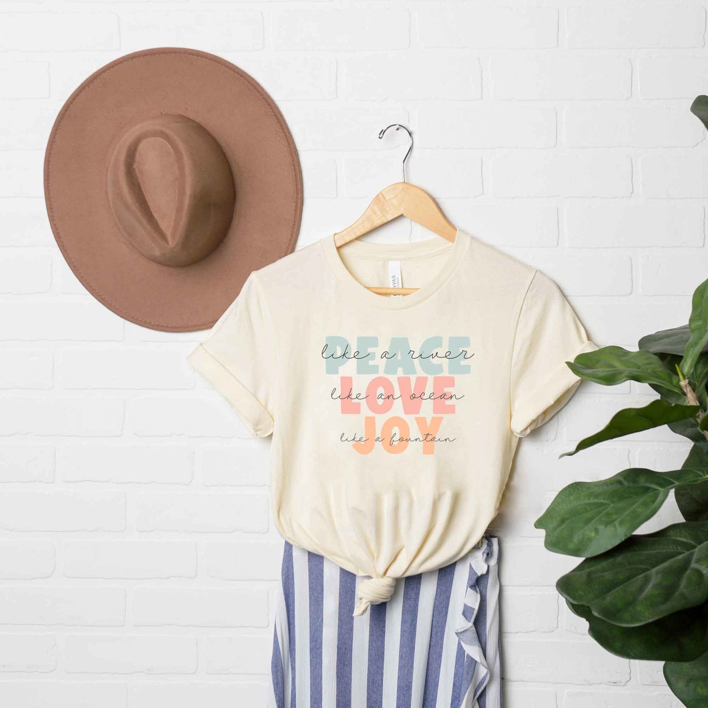 Peace Love Joy Colorful With Script | Short Sleeve Crew Neck