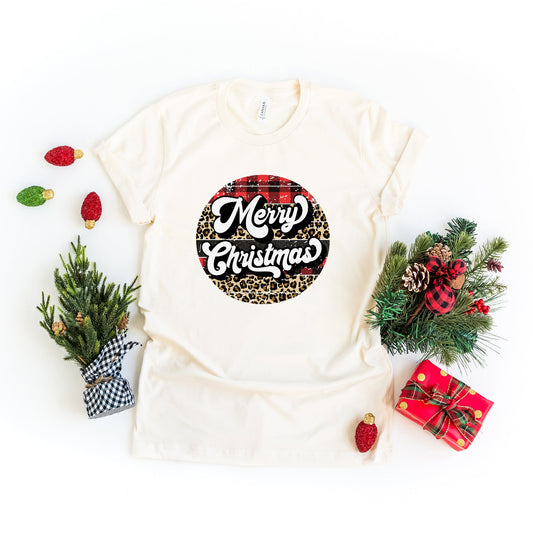 Buffalo Plaid Leopard Merry Christmas | Short Sleeve Crew Neck