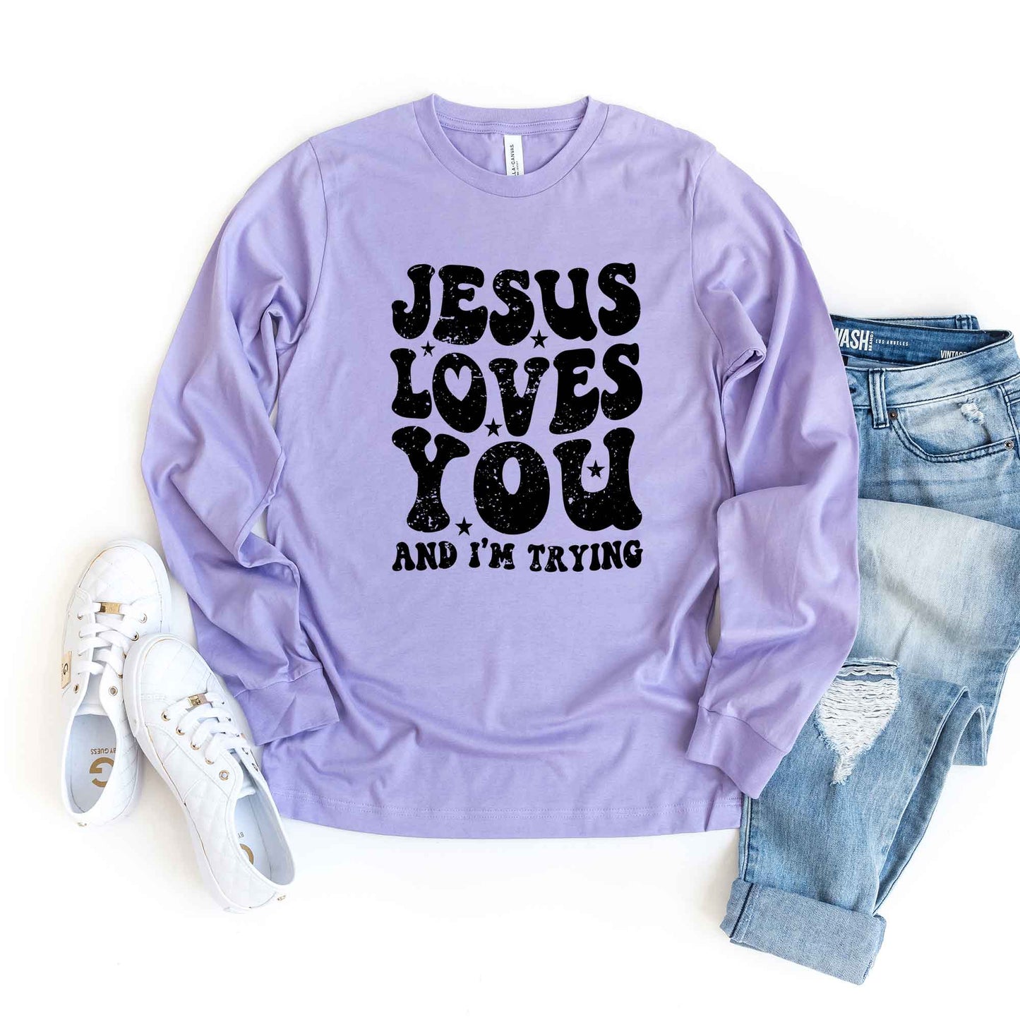 Jesus Loves I'm Trying Wavy | Long Sleeve Crew Neck