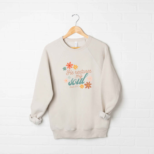 He Restores My Soul Scripture | Bella Canvas Premium Sweatshirt