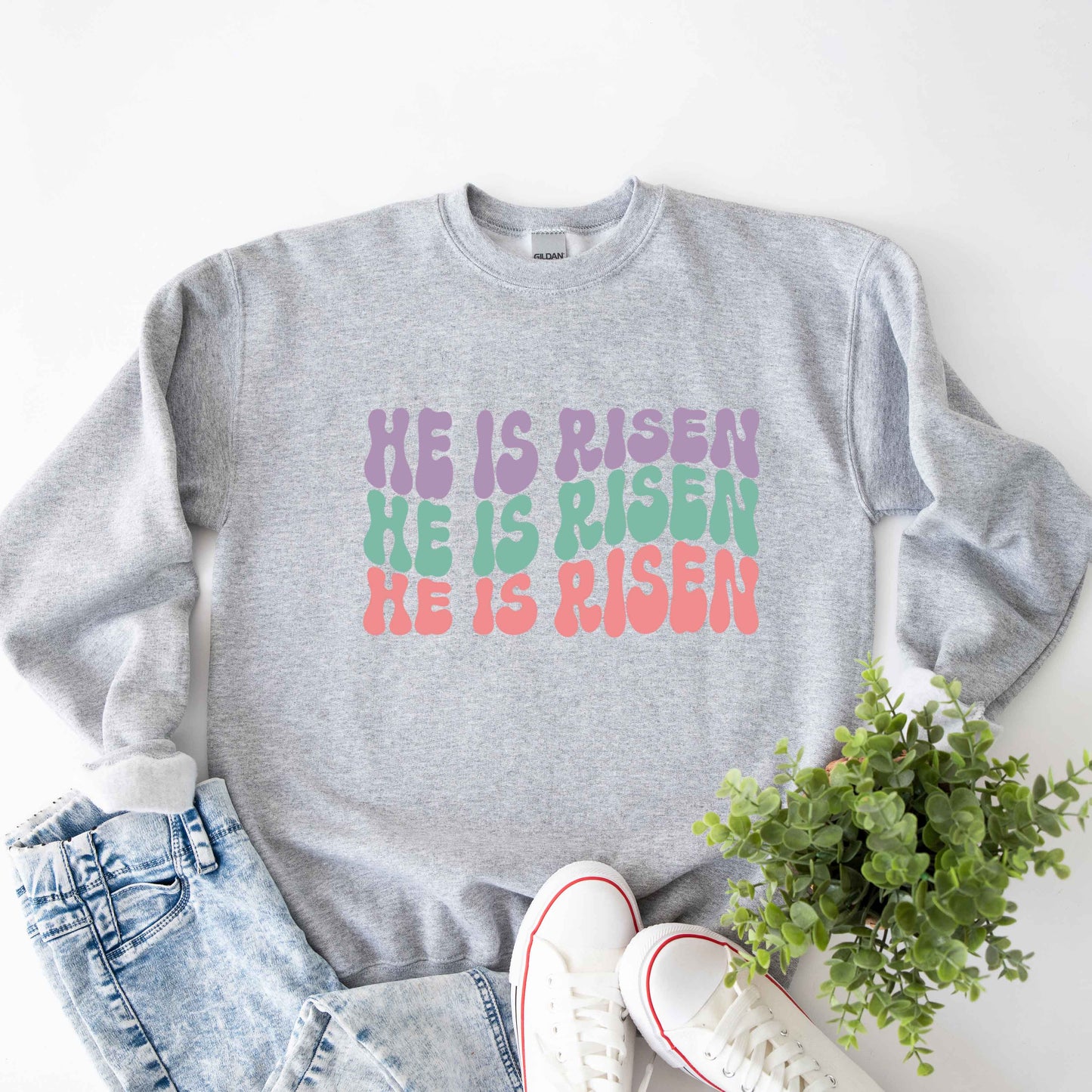 He Is Risen Stacked Wavy Colorful | Sweatshirt