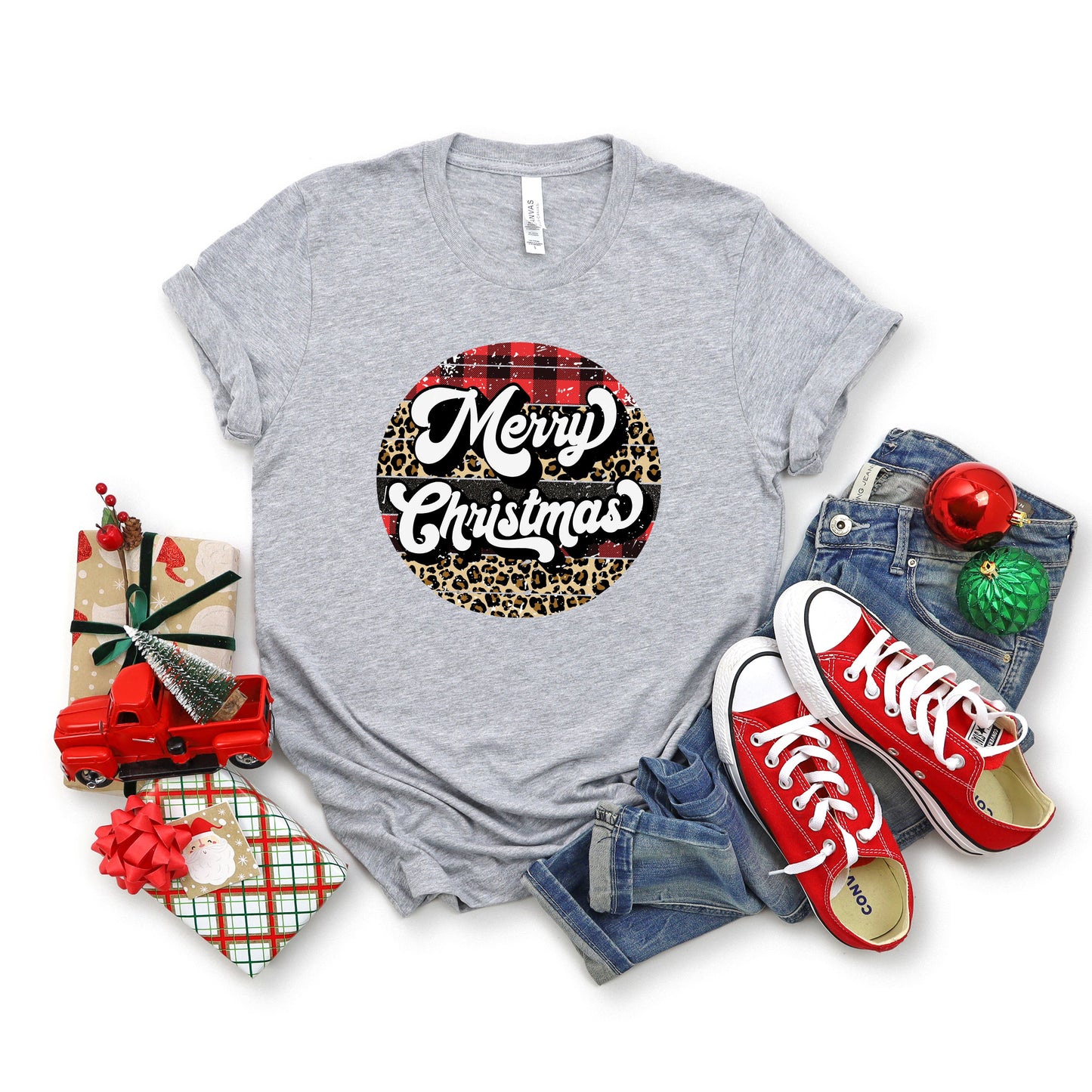 Buffalo Plaid Leopard Merry Christmas | Short Sleeve Crew Neck