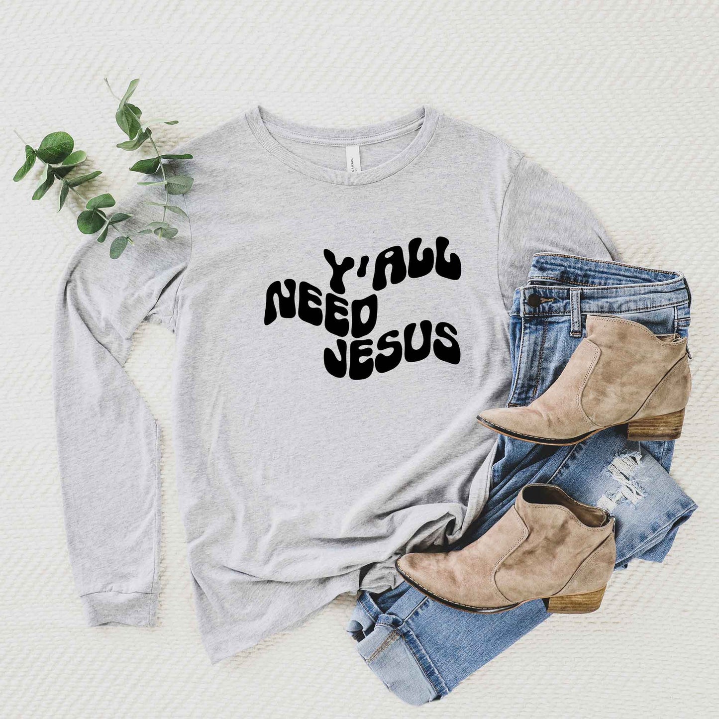 Retro Y'all Need Jesus Wavy | Long Sleeve Crew Neck