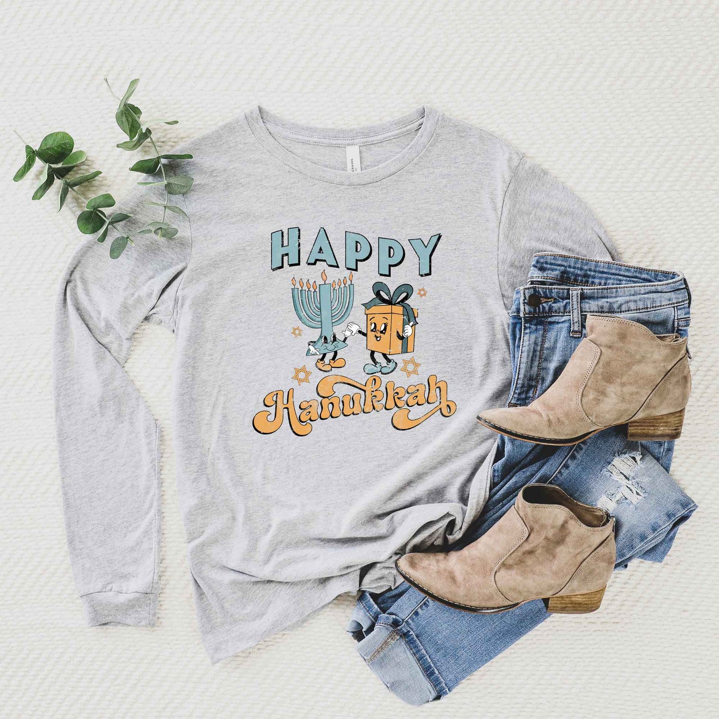 Happy Hanukkah Distressed | Long Sleeve Crew Neck