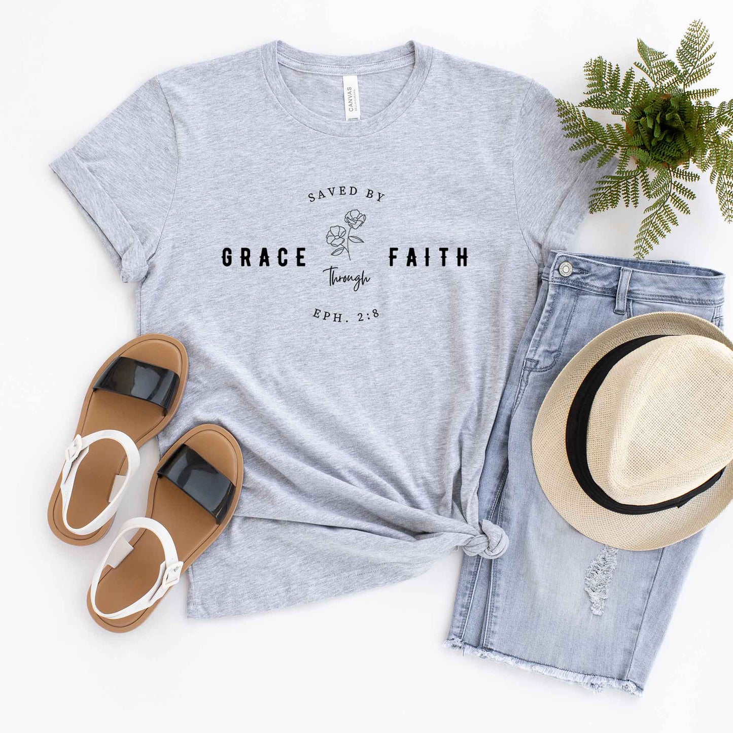 Saved By Grace Through Faith Flower | Short Sleeve Crew Neck