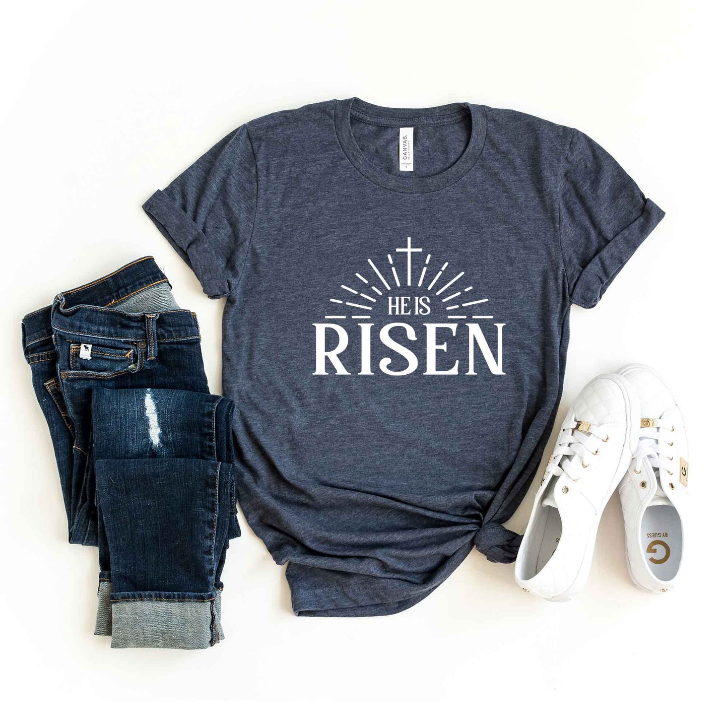 He Is Risen Cross In Sun Ray | Short Sleeve Crew Neck