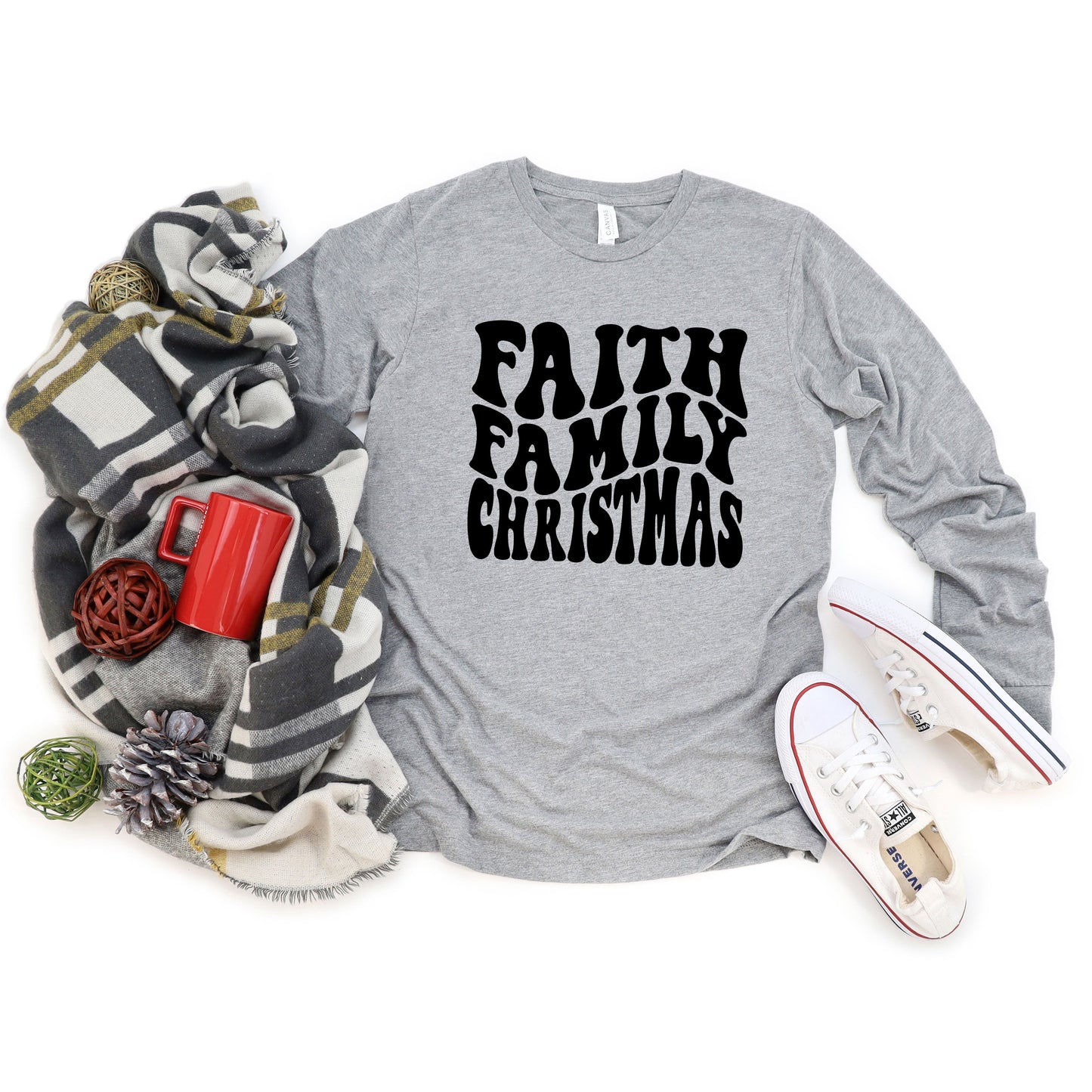 Faith Family Christmas Wavy | Long Sleeve Crew Neck