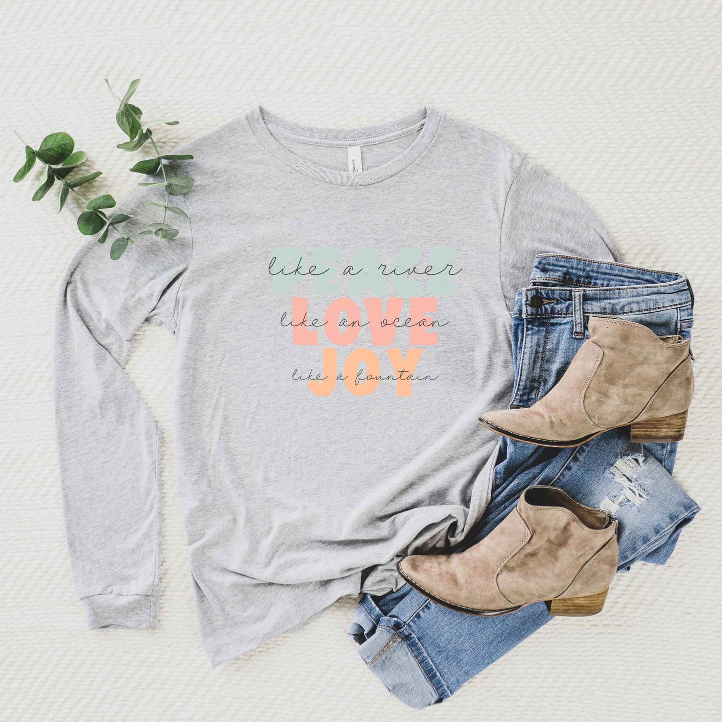 Peace Love Joy Colorful With Script | Long Sleeve Crew Neck