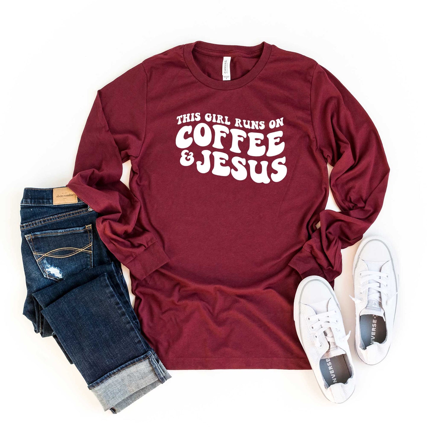 This Girl Runs On Coffee And Jesus | Long Sleeve Crew Neck