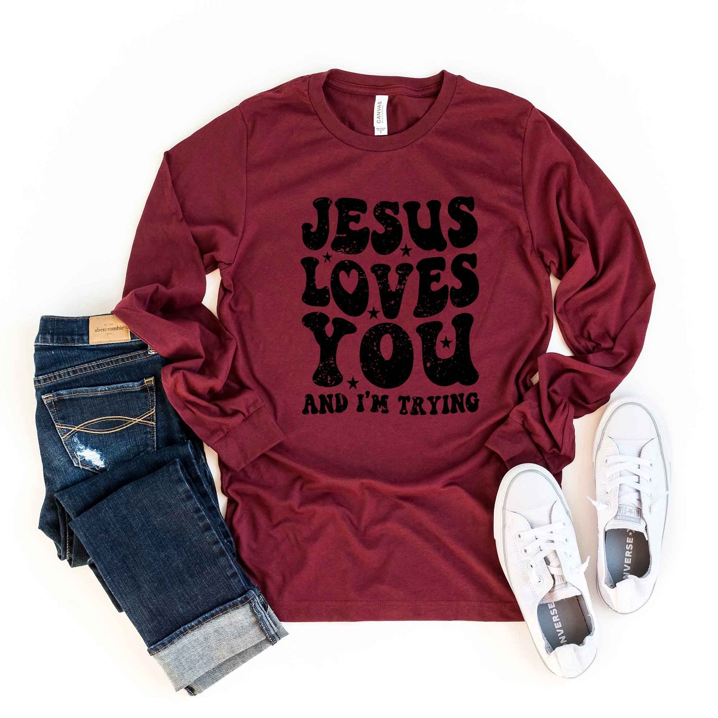 Jesus Loves I'm Trying Wavy | Long Sleeve Crew Neck