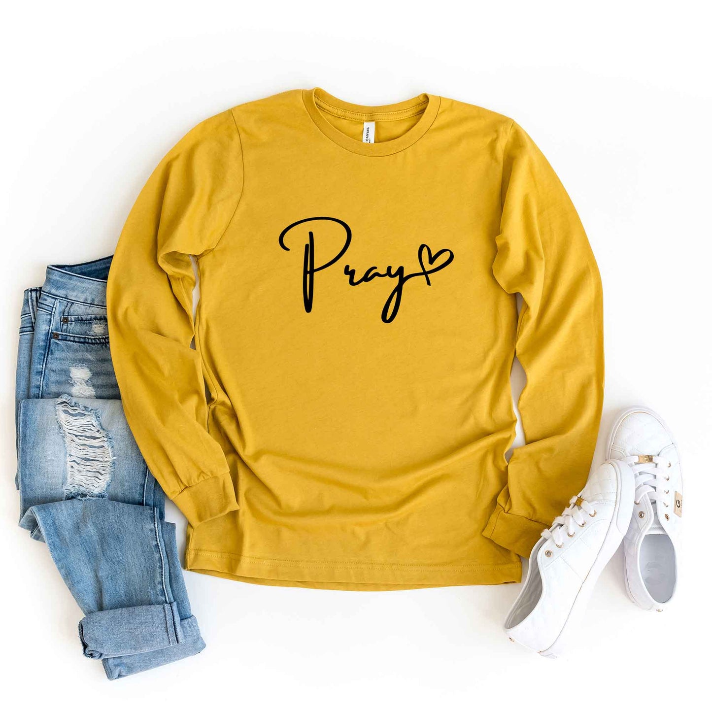 Pray Cursive Heart | Long Sleeve Crew Neck