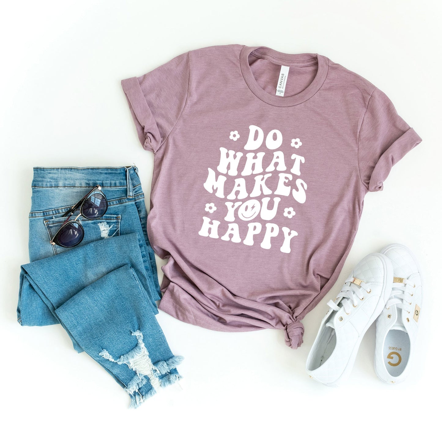 Makes You Happy Smiley Face | Short Sleeve Crew Neck