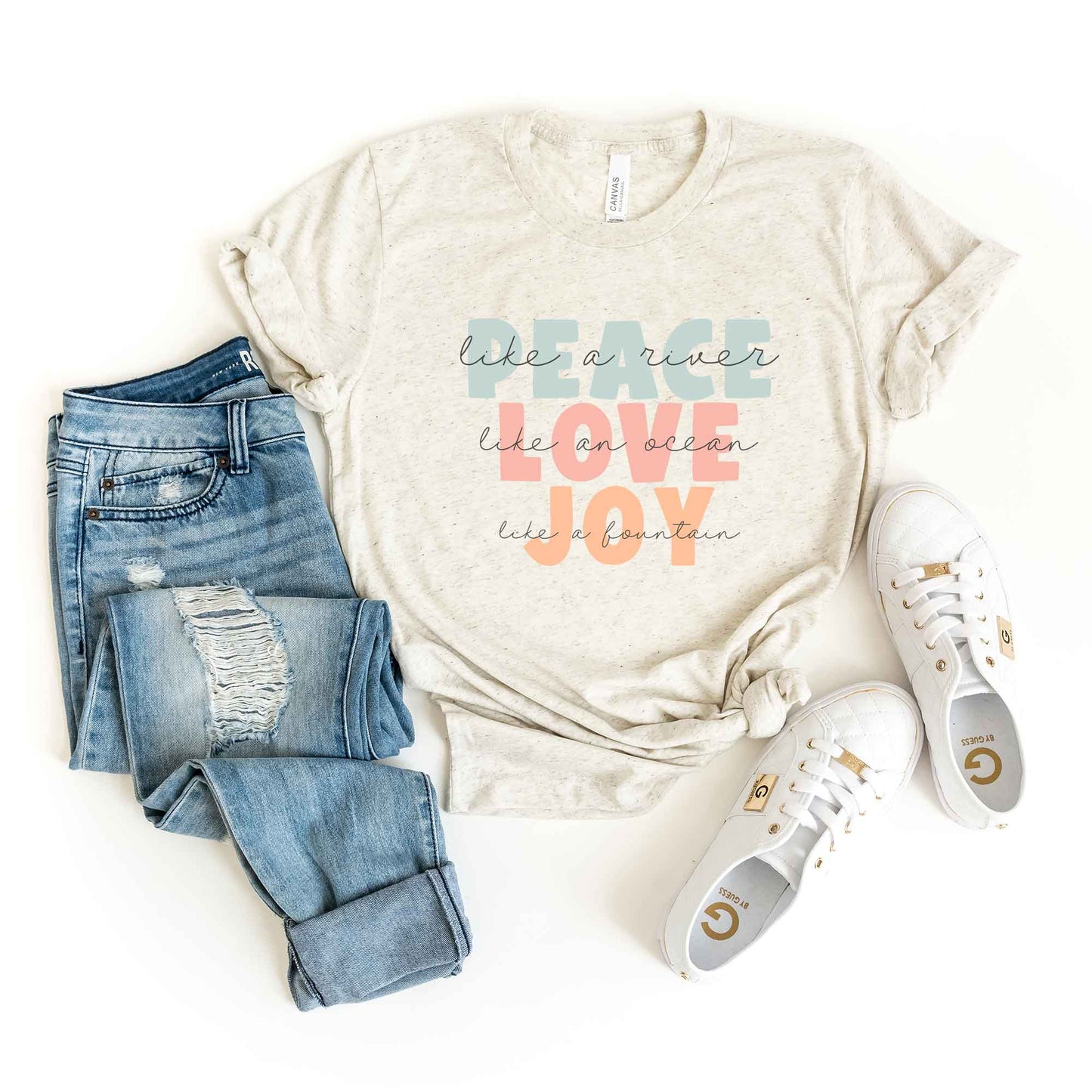 Peace Love Joy Colorful With Script | Short Sleeve Crew Neck