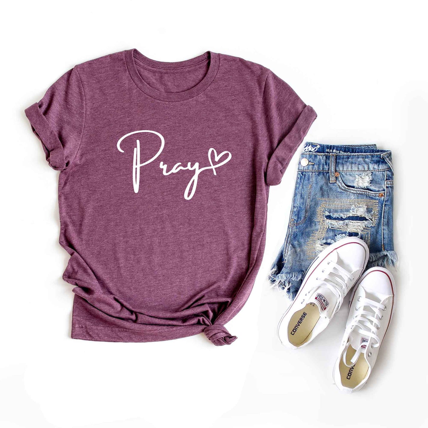 Pray Cursive Heart | Short Sleeve Crew Neck