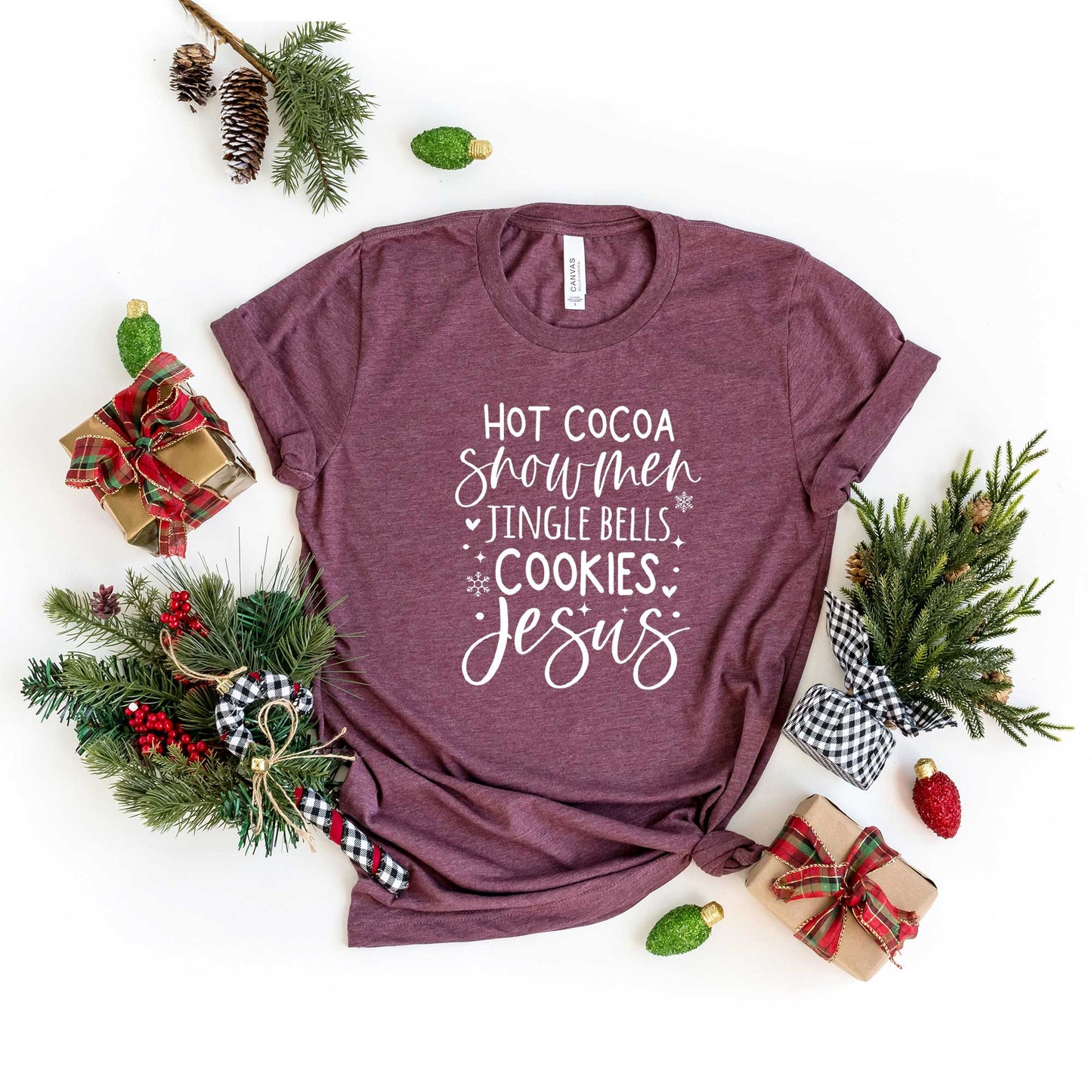 Hot Cocoa Snowmen Jesus | Short Sleeve Crew Neck