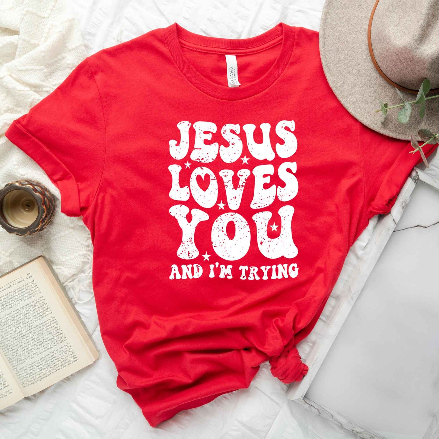 Jesus Loves I'm Trying Wavy | Short Sleeve Crew Neck