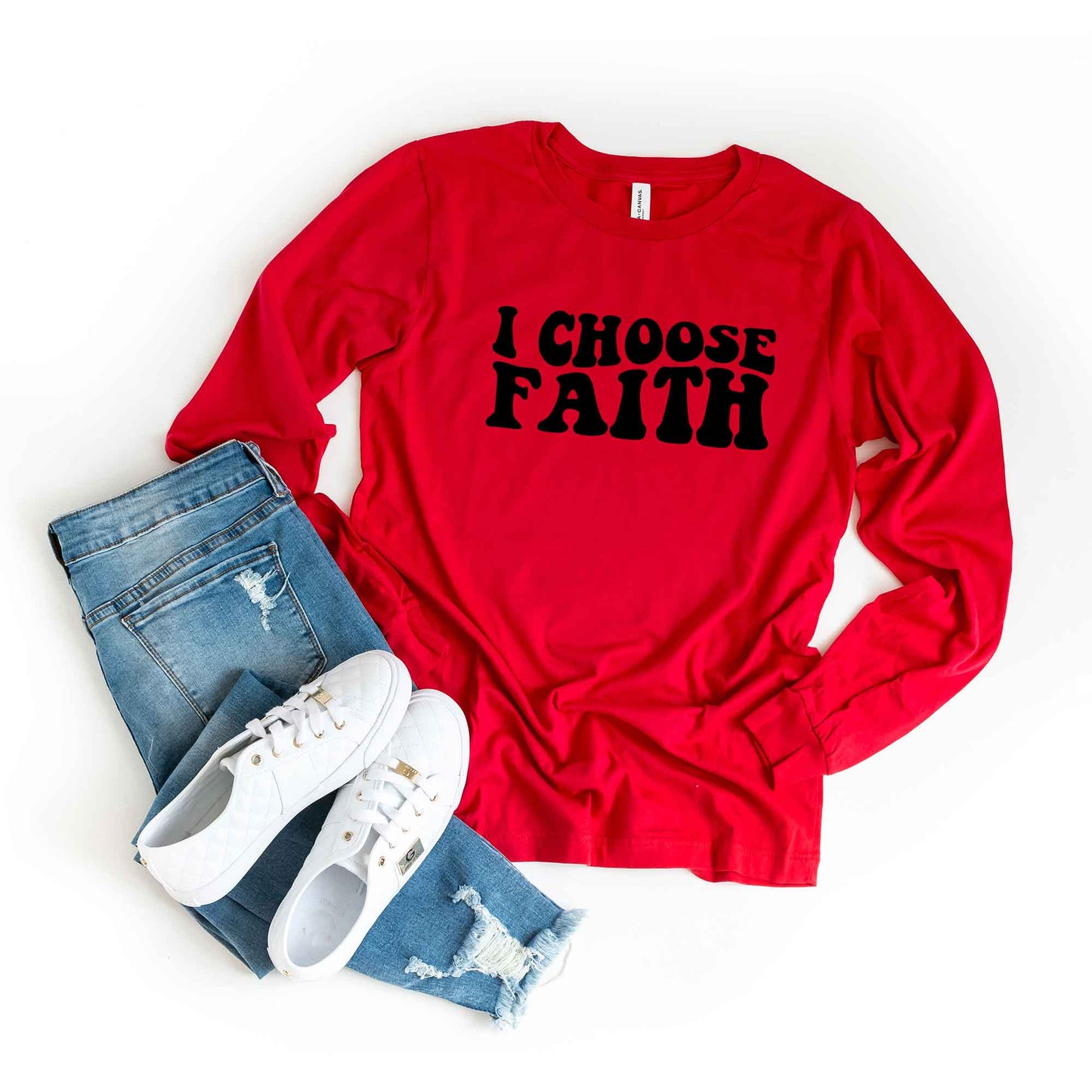 Retro I Choose Faith Wavy | Long Sleeve Crew Neck