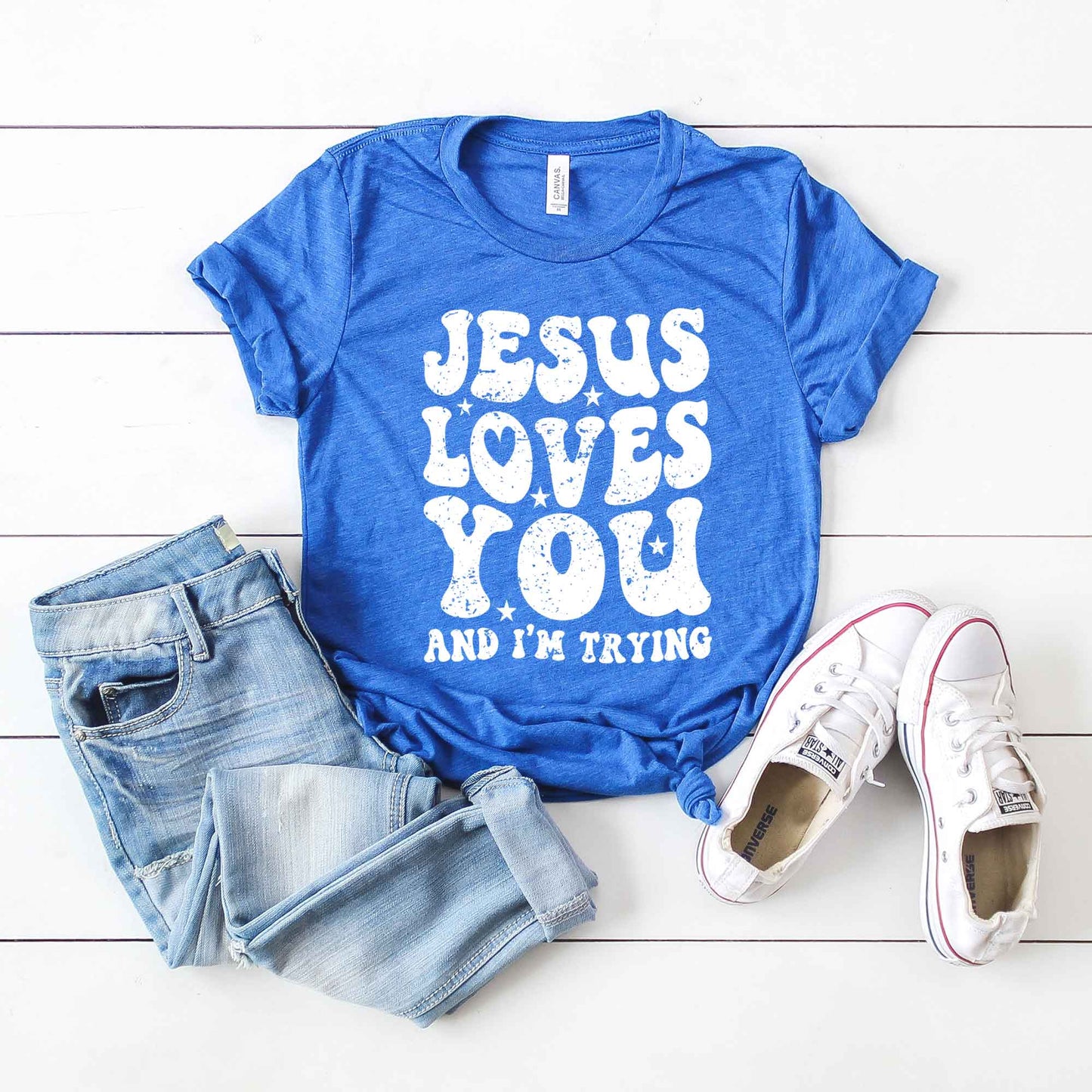 Jesus Loves I'm Trying Wavy | Short Sleeve Crew Neck