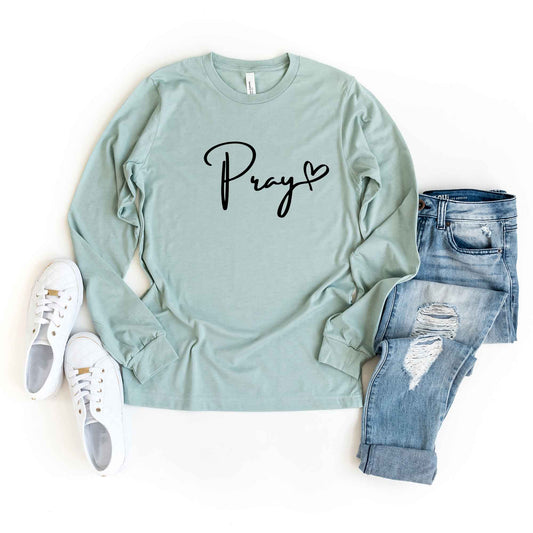 Pray Cursive Heart | Long Sleeve Crew Neck