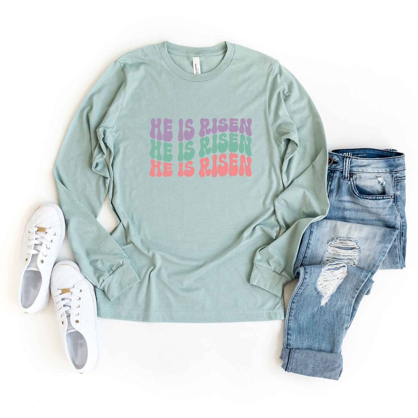 He Is Risen Stacked Wavy Colorful | Long Sleeve Crew Neck