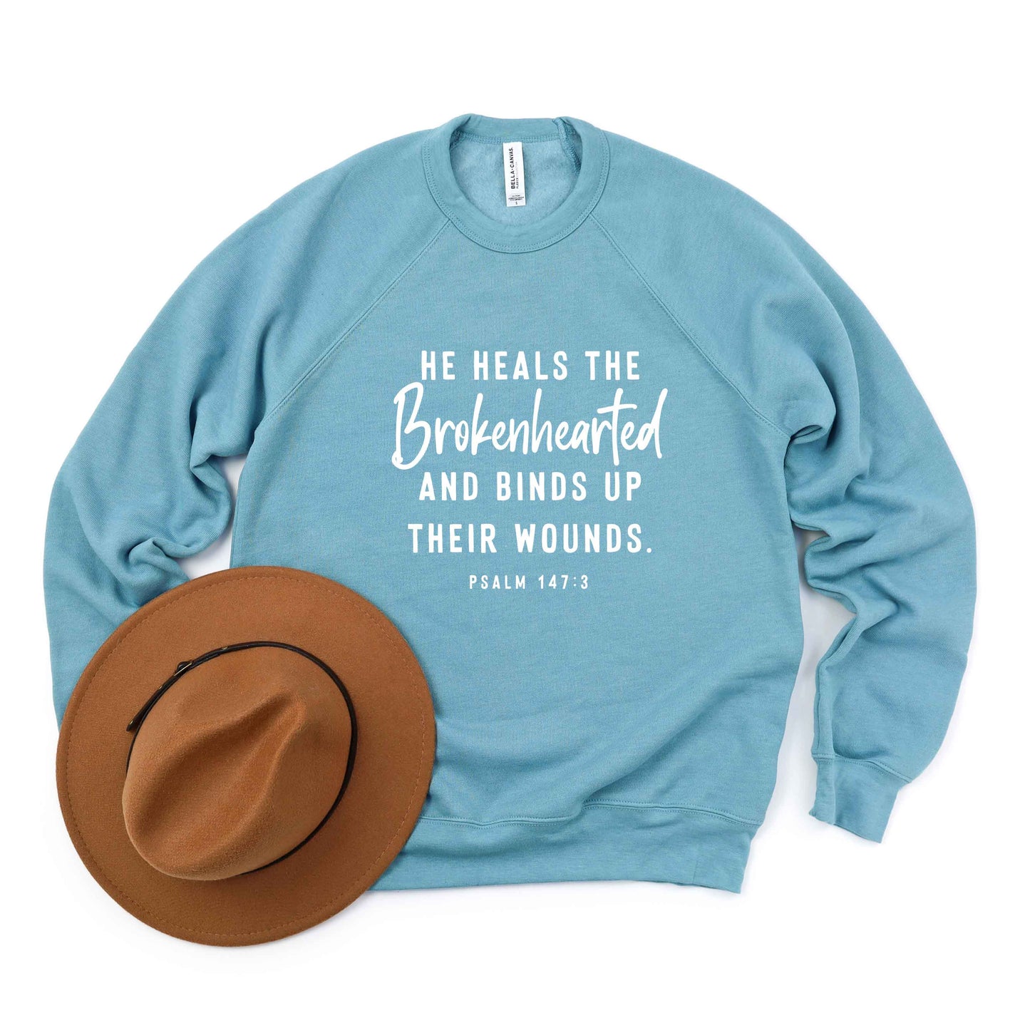 He Heals The Brokenhearted Script | Bella Canvas Premium Sweatshirt