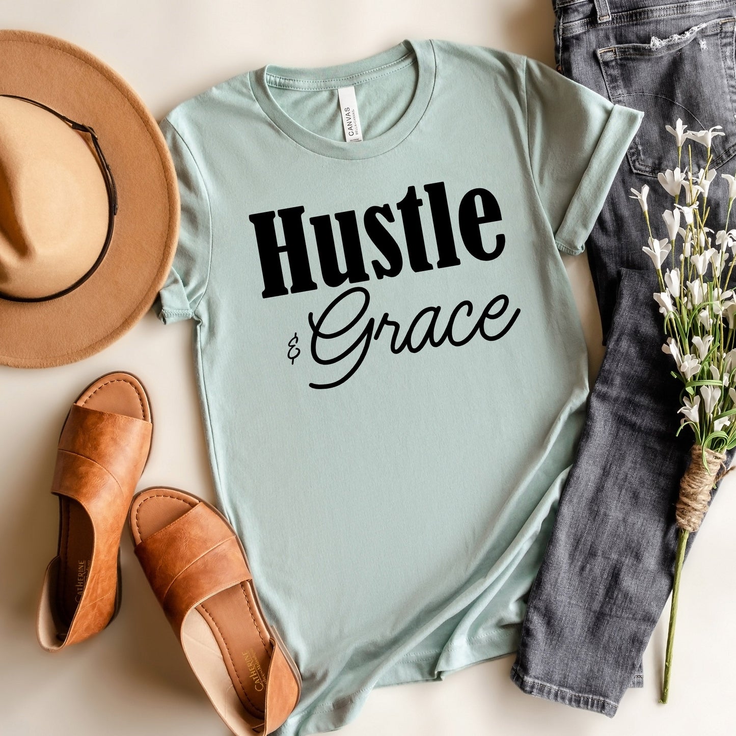 Hustle And Grace Cursive | Short Sleeve Crew Neck